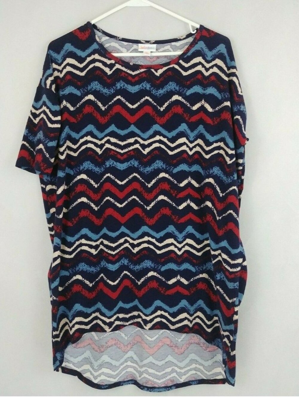 Lularoe T-Shirt Dress Dark Blue With Light Blue, Red, And White Zig Zag Design